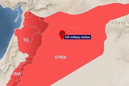 A map of Syria with areas controlled by different groups marked, including ISIS, with a red pin indicating the location of the US military strikes.