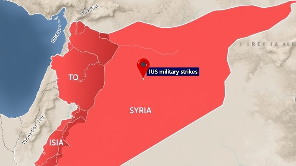 A map of Syria with areas controlled by different groups marked, including ISIS, with a red pin indicating the location of the US military strikes.