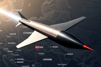 A dramatic image of a hypersonic missile in flight, with a map of Ukraine and Russia in the background, highlighting the conflict zone.
