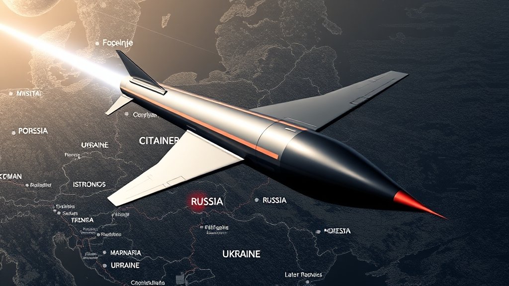 A dramatic image of a hypersonic missile in flight, with a map of Ukraine and Russia in the background, highlighting the conflict zone.