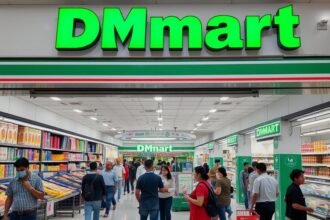 A photo of a DMart store with a busy shopping area, highlighting the growth and success of the retail chain
