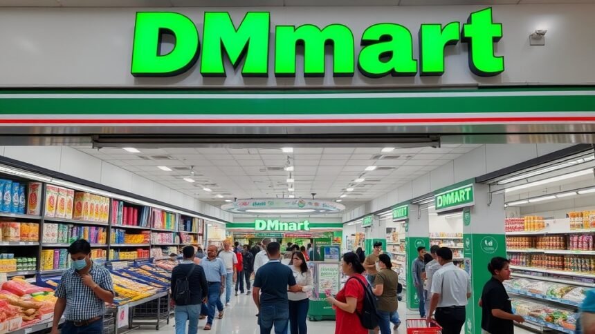 A photo of a DMart store with a busy shopping area, highlighting the growth and success of the retail chain