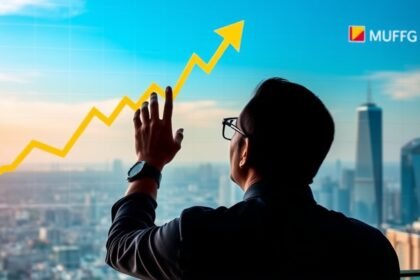 A photo of a person looking at a financial chart with a positive trend, with a cityscape in the background, representing the growth of Shriram Finance after the investment by MUFG Bank