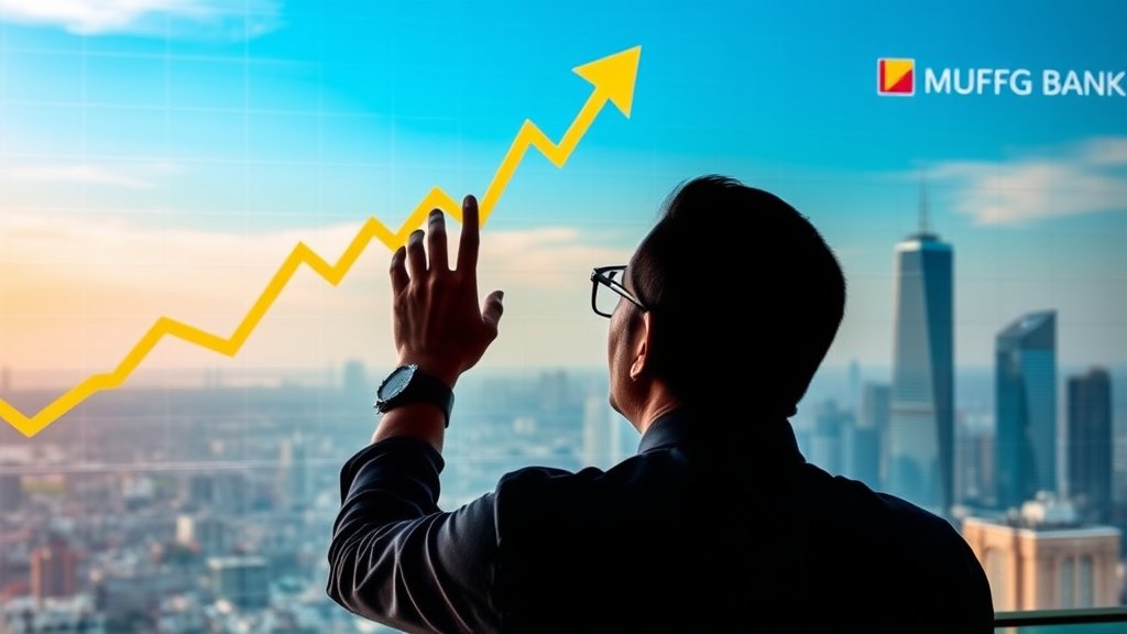 A photo of a person looking at a financial chart with a positive trend, with a cityscape in the background, representing the growth of Shriram Finance after the investment by MUFG Bank