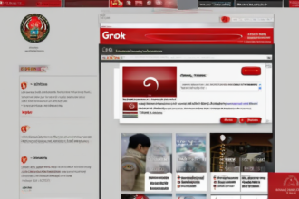 A screenshot of the Grok website with a red "blocked" stamp over it, with a subtle Indonesian flag in the background, conveying a sense of restriction and censorship