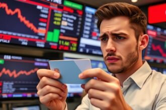 A photo of a person holding a credit card, with a worried expression, in front of a background of financial news screens displaying stock market fluctuations and economic data.