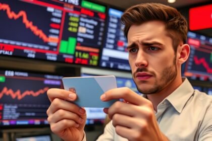 A photo of a person holding a credit card, with a worried expression, in front of a background of financial news screens displaying stock market fluctuations and economic data.