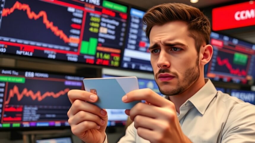 A photo of a person holding a credit card, with a worried expression, in front of a background of financial news screens displaying stock market fluctuations and economic data.