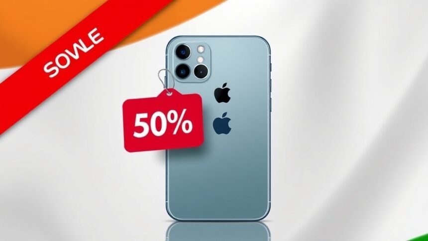 A high-quality image of the iPhone 17 with a red discount tag and a Indian flag in the background, symbolizing the Republic Day sale.