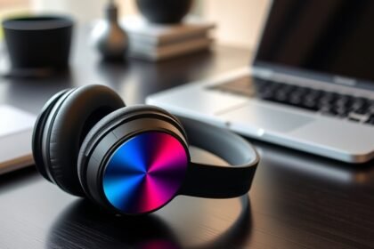 A high-quality image of the CMF Headphone Pro wireless headphones with a sleek design and vibrant colors, placed on a modern desk with a laptop or smartphone in the background.