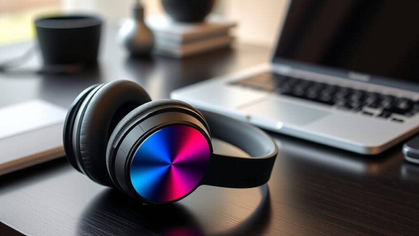 A high-quality image of the CMF Headphone Pro wireless headphones with a sleek design and vibrant colors, placed on a modern desk with a laptop or smartphone in the background.