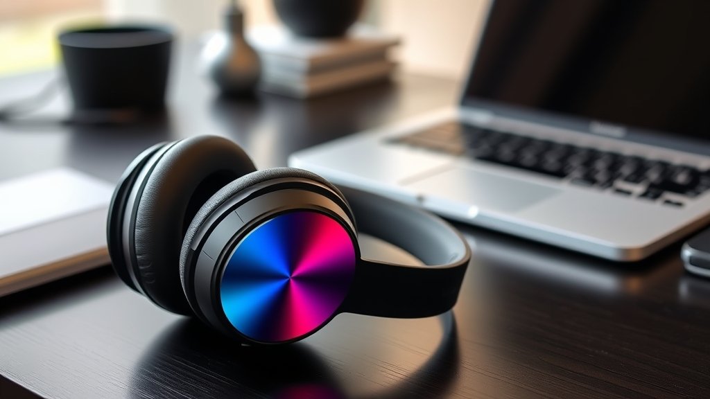 A high-quality image of the CMF Headphone Pro wireless headphones with a sleek design and vibrant colors, placed on a modern desk with a laptop or smartphone in the background.
