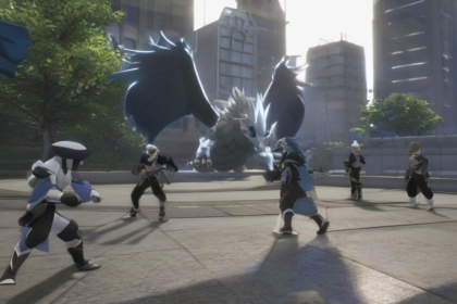 A screenshot of the Pokémon GO game showing Kyurem, Reshiram, and Zekrom in a raid battle, with a cityscape in the background and players gathered around.
