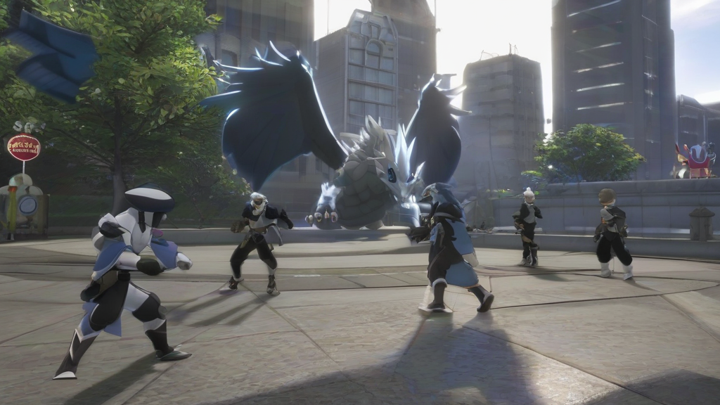 A screenshot of the Pokémon GO game showing Kyurem, Reshiram, and Zekrom in a raid battle, with a cityscape in the background and players gathered around.