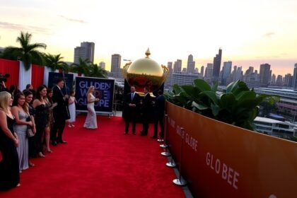 A red carpet with celebrities and a giant Golden Globe trophy in the background, with a city skyline at sunset