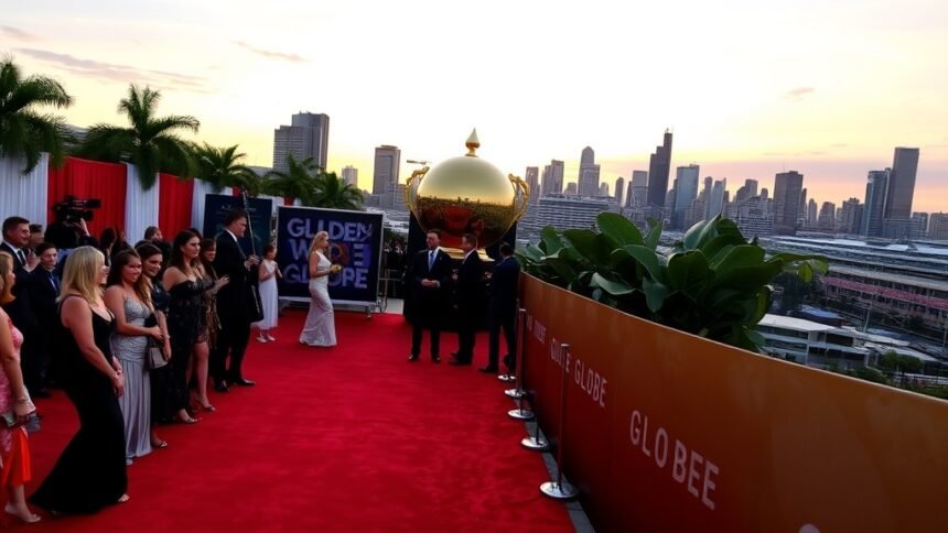 A red carpet with celebrities and a giant Golden Globe trophy in the background, with a city skyline at sunset