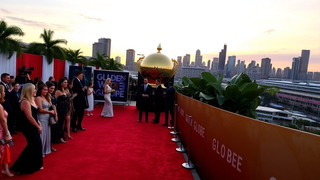 A red carpet with celebrities and a giant Golden Globe trophy in the background, with a city skyline at sunset