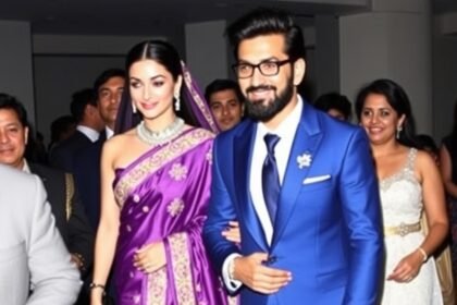 A photo of Deepika Padukone and Ranveer Singh attending a wedding in New York, with Deepika wearing a stunning purple bandhani saree and Ranveer dressed in a sharp blue suit.