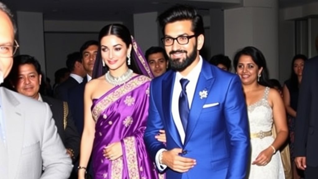 A photo of Deepika Padukone and Ranveer Singh attending a wedding in New York, with Deepika wearing a stunning purple bandhani saree and Ranveer dressed in a sharp blue suit.