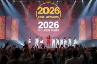 A picture of the 2026 Golden Disc Awards stage with Jennie and Stray Kids performing, with a crowd of fans cheering in the background.