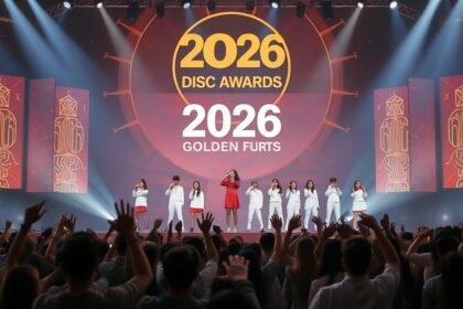 A picture of the 2026 Golden Disc Awards stage with Jennie and Stray Kids performing, with a crowd of fans cheering in the background.