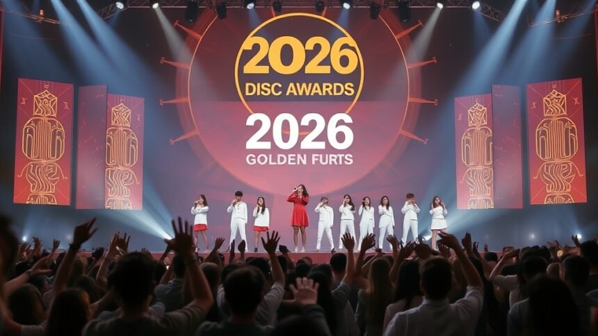 A picture of the 2026 Golden Disc Awards stage with Jennie and Stray Kids performing, with a crowd of fans cheering in the background.