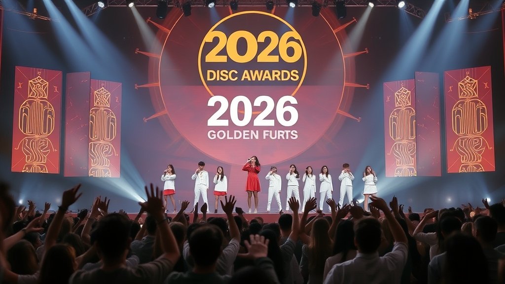 A picture of the 2026 Golden Disc Awards stage with Jennie and Stray Kids performing, with a crowd of fans cheering in the background.