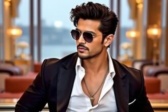 A photo of Hrithik Roshan in a stylish pose, with a background that reflects his luxurious lifestyle and career milestones.