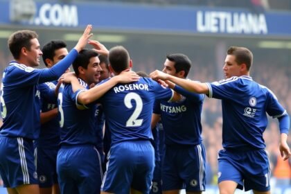 A photo of the Chelsea team celebrating a goal during their 5-1 win over Charlton Athletic in the FA Cup, with Liam Rosenior in the background looking pleased with the result.