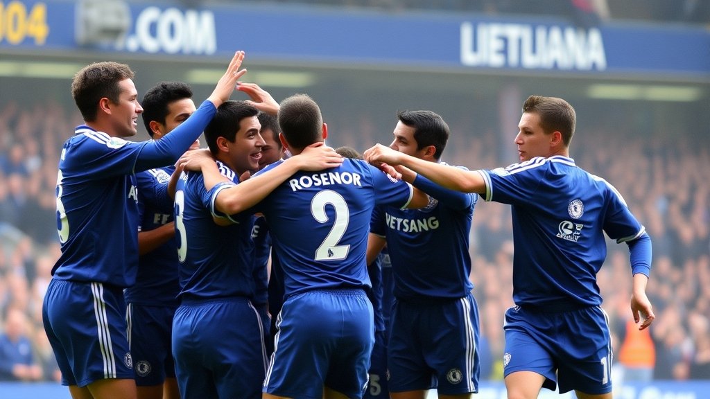 A photo of the Chelsea team celebrating a goal during their 5-1 win over Charlton Athletic in the FA Cup, with Liam Rosenior in the background looking pleased with the result.