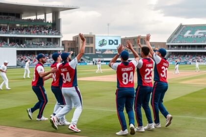A photo of a cricket stadium with players in action, with a focus on the Pretoria Capitals team celebrating a win