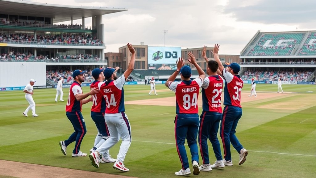 A photo of a cricket stadium with players in action, with a focus on the Pretoria Capitals team celebrating a win