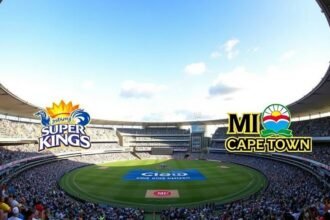 A cricket stadium with a packed crowd, with the Joburg Super Kings and MI Cape Town teams facing off in the center, with a sunny sky and a few clouds in the background.