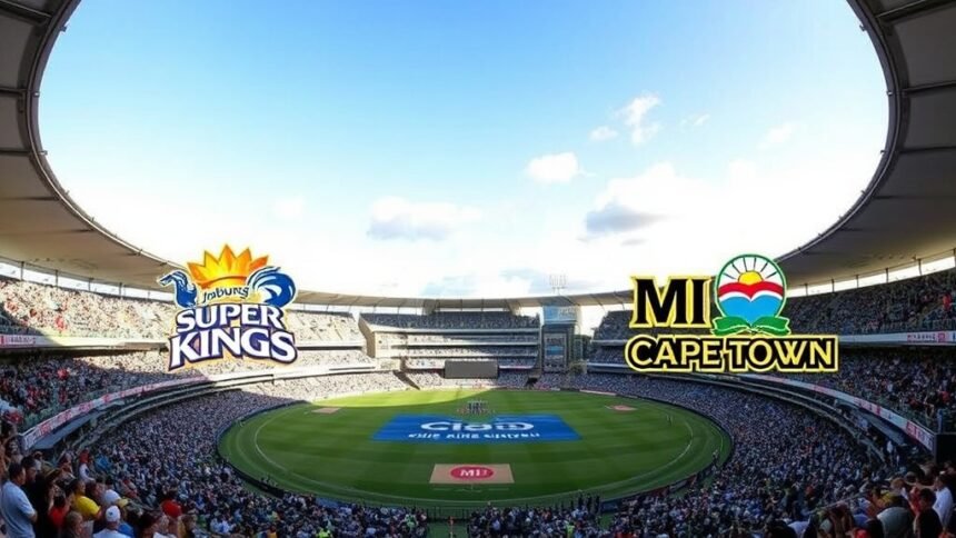 A cricket stadium with a packed crowd, with the Joburg Super Kings and MI Cape Town teams facing off in the center, with a sunny sky and a few clouds in the background.