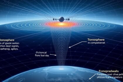 A detailed illustration of the ionosphere and its effects on GNSS signals, with a vector electromagnetic framework in the background.