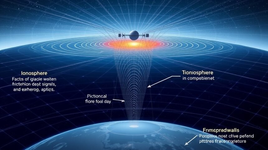 A detailed illustration of the ionosphere and its effects on GNSS signals, with a vector electromagnetic framework in the background.
