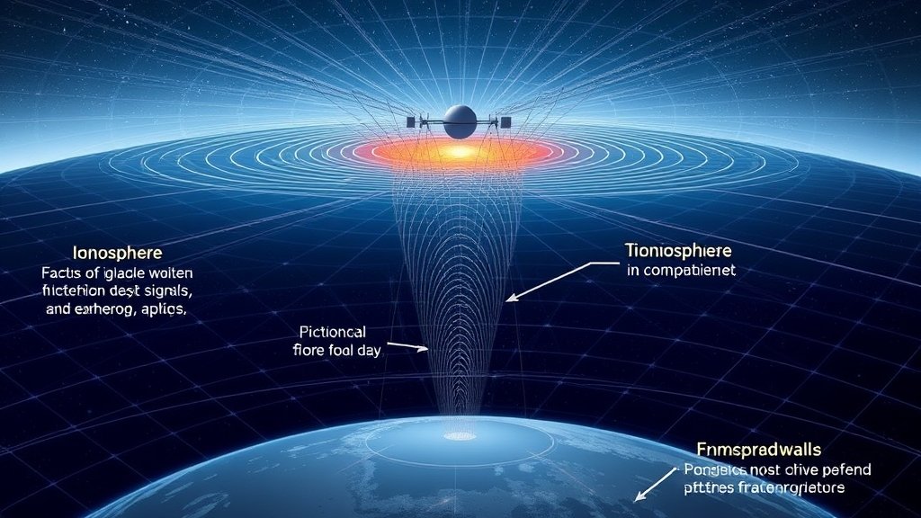 A detailed illustration of the ionosphere and its effects on GNSS signals, with a vector electromagnetic framework in the background.