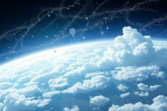 A detailed illustration of the Earth's atmosphere with aerosol particles and clouds, highlighting the interactions between aerosols, clouds, and climate, with a subtle background of a cityscape or industrial area to represent human activities.