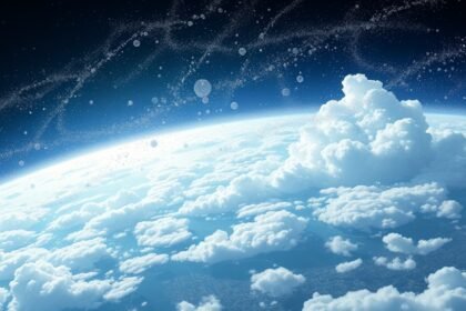 A detailed illustration of the Earth's atmosphere with aerosol particles and clouds, highlighting the interactions between aerosols, clouds, and climate, with a subtle background of a cityscape or industrial area to represent human activities.