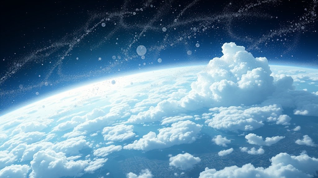 A detailed illustration of the Earth's atmosphere with aerosol particles and clouds, highlighting the interactions between aerosols, clouds, and climate, with a subtle background of a cityscape or industrial area to represent human activities.