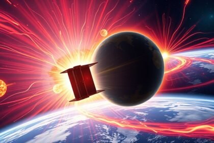 An illustration of the Aditya-L1 spacecraft observing a powerful solar storm interacting with Earth's magnetic field, with vibrant colors and detailed textures to represent the dynamic and complex nature of space weather phenomena.