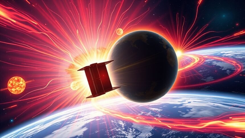 An illustration of the Aditya-L1 spacecraft observing a powerful solar storm interacting with Earth's magnetic field, with vibrant colors and detailed textures to represent the dynamic and complex nature of space weather phenomena.