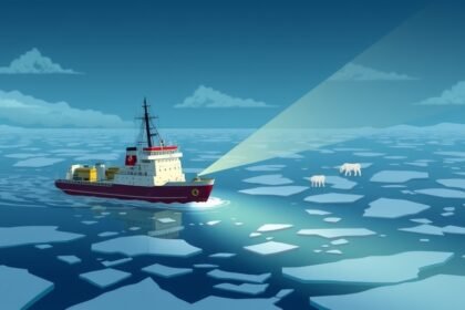 An illustration of a ship deploying marine cloud brightening equipment in the polar region, with a subtle background of melting ice and a few polar bears in the distance, conveying the impact of climate change and the potential of marine cloud brightening as a mitigation strategy.