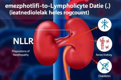 A medical illustration showing the relationship between elevated Neutrophil-to-Lymphocyte Ratio (NLR) and the progression of diabetic nephropathy, with a kidney in the background and relevant medical symbols.