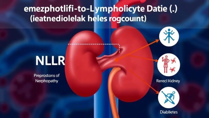 A medical illustration showing the relationship between elevated Neutrophil-to-Lymphocyte Ratio (NLR) and the progression of diabetic nephropathy, with a kidney in the background and relevant medical symbols.