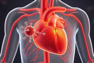 A detailed illustration of the human cardiovascular system, highlighting the areas affected by atherosclerosis, with a molecule of neratinib targeting the vascular inflammation.