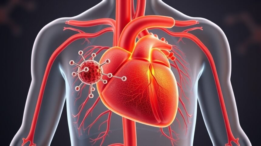A detailed illustration of the human cardiovascular system, highlighting the areas affected by atherosclerosis, with a molecule of neratinib targeting the vascular inflammation.