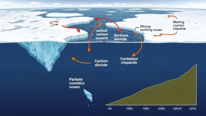 A detailed illustration of the Southern Ocean with arrows indicating the flow of carbon dioxide and other chemical compounds, with a subtle background of melting ice and a graph showing the increase in pCO2 levels over time.