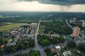 A high-resolution image of a cityscape with a mix of green spaces and urban infrastructure, highlighting the interaction between built environment and natural ecosystems, with a subtle background of a stormy sky to represent the impact of rainfall intensification.