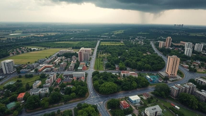 A high-resolution image of a cityscape with a mix of green spaces and urban infrastructure, highlighting the interaction between built environment and natural ecosystems, with a subtle background of a stormy sky to represent the impact of rainfall intensification.